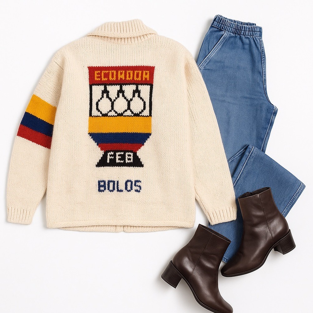 Handmade Ecuador Wool Sweater Jacket Trophy Graphic Full Zip Cardigan Vintage - Picture 7 of 12